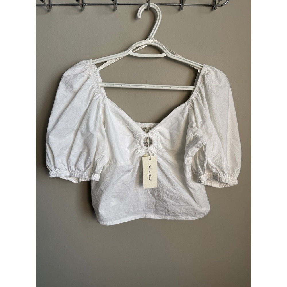Sim & Sam White Puff Sleeve Ring Front Smocked Back Crop Top‎ Womens XL NEW